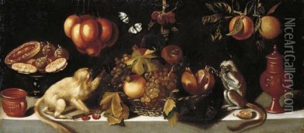 Grapes And Pomegranates In A Wicker Basket With Candied Fruit On A 
Tazza Oil Painting - Juan Van Der Hamen Y Leon