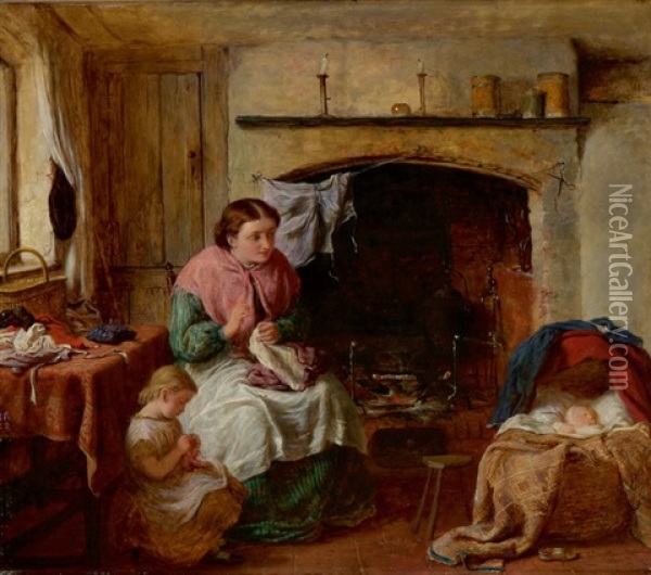 Interieur Mit Mutter Bei Der Naharbeit, Kleinem Madchen Und Kind In Der Wiege Oil Painting - George Smith