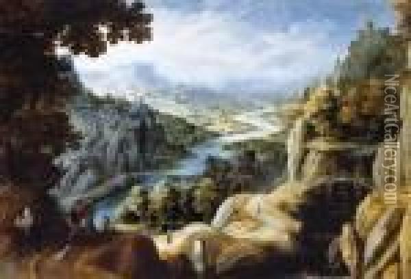 Mountainous River Landscape With Jacob And Laban Oil Painting - Tobias van Haecht (see Verhaecht)