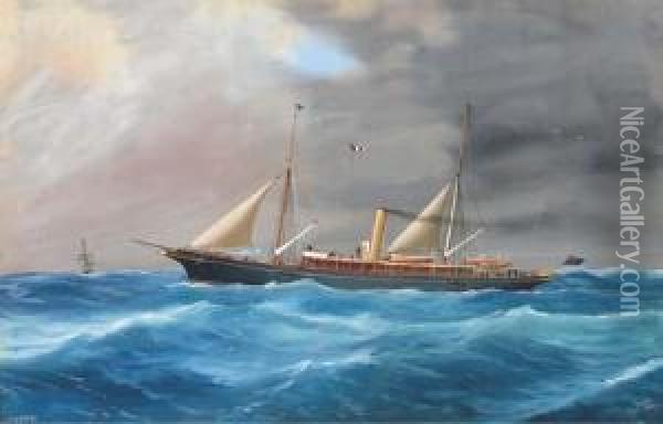 The Steam Yacht Greta In A Heavy Swell Oil Painting - Atributed To A. De Simone