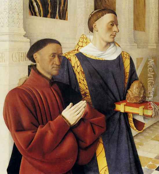 Etienne Chevalier With St. Stephen (panel of the Melun Diptych) Oil Painting - Jean Fouquet