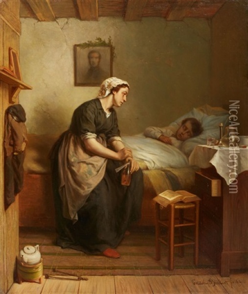 The Sick Child Oil Painting - Fridolin Becker