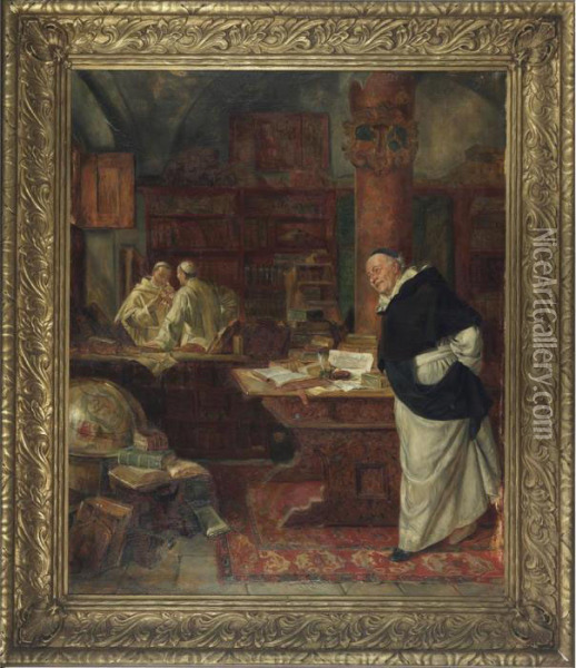 Smiling Friar In A Library Interior Oil Painting - Eduard Von Grutzner