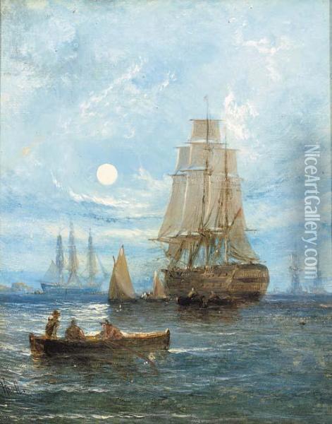 A Two-decker Departing By Moonlight; And A Fishing Vessel Running Into An Estuary Oil Painting - William Calcott Knell