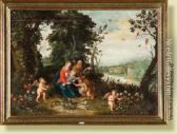 La Sainte Famille Entouree D'angelots Sur Une Berge Fleurie Oil Painting - Jan The Elder Brueghel