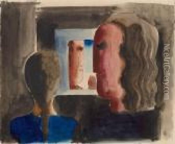 Drei Kopfe Am Fenster / Three Heads At A Window Oil Painting - Oskar Schlemmer