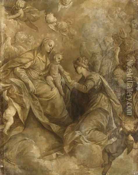 The Mystic Marriage of Saint Catherine of Alexandria, with angels and cherubim, en grisaille Oil Painting - Donato Creti