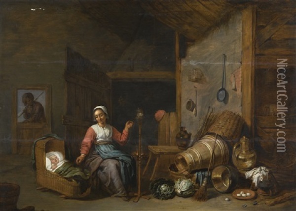 Interior With A Mother Spinning Yarn By A Cradle Oil Painting - Abraham Willemsens