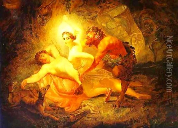 Diana Endymion and Satyr Date unknown Oil Painting - Julia Vajda