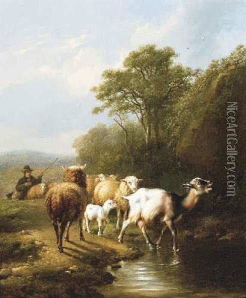 Berger Avec Moutons Et Chevres Oil Painting - Eugene Joseph Verboeckhoven