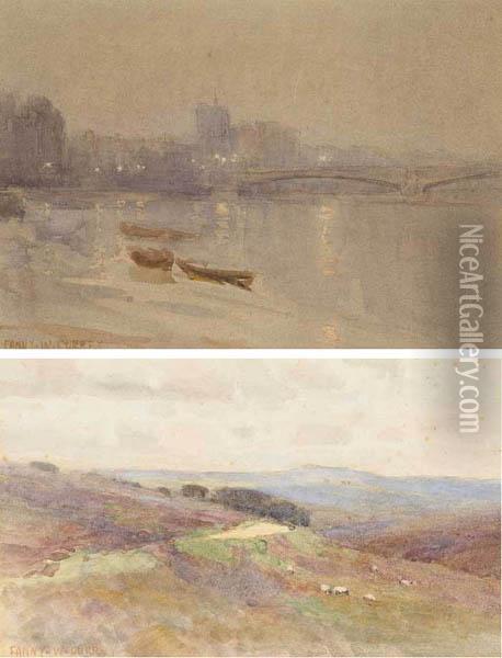 Thames Embankment And Sheep Grazing On A Mountain Oil Painting - Fanny W. Currey