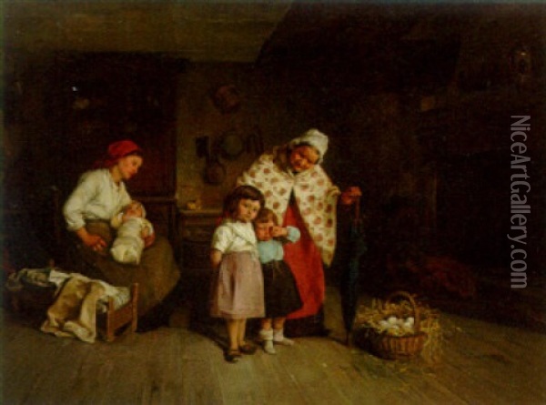 A Family In A Kitchen Interior Oil Painting - Charles Bertrand d' Entraygues
