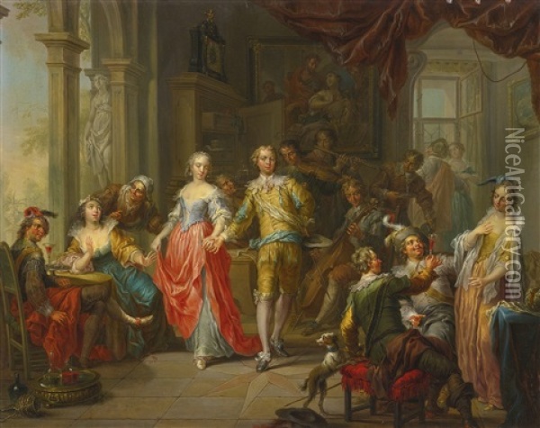 An Elegant Company, With Figures Playing Musical Instruments And Merrymaking In An Interior Oil Painting - Franz Christoph Janneck