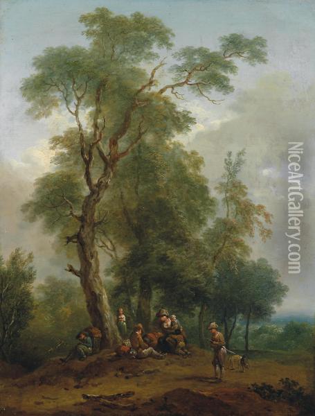 Two Wooded Landscapes With Figural Staffage Oil Painting - Christian Hilfgott Brand