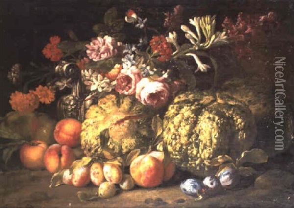 Melons, Peaches, Plums, Pears And A Vase Of Flowers On A Bank Oil Painting - Abraham Brueghel