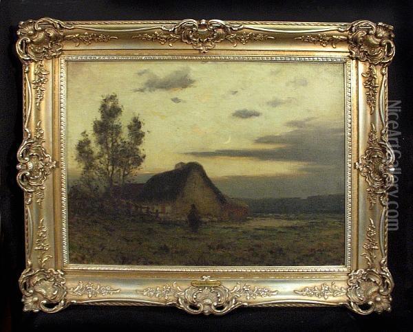 A Landscape At Dusk With A Figure By A Cottage Oil Painting - Maurice Moisset
