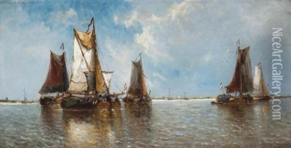 Barges On The Scheldt At Baesrode, Belgium Oil Painting - Auguste Henri Musin