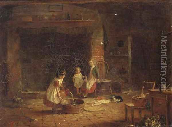 Children preparing a tub in a cottage interior Oil Painting - Frederick Daniel Hardy