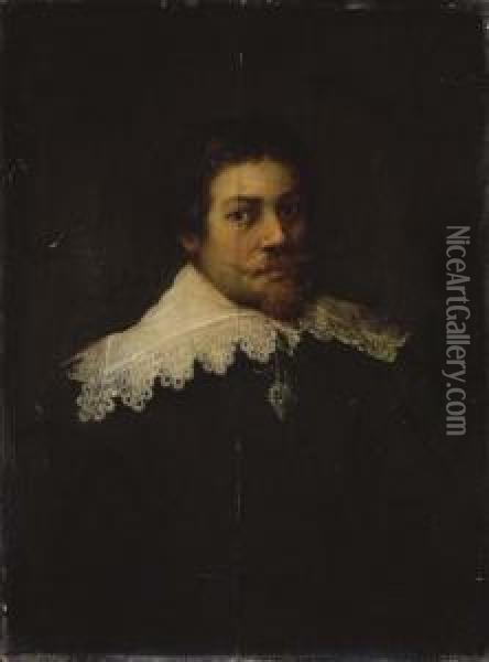 Portrait D'homme Au Pourpoint Noir Et A La Collerette Blanche Oil Painting - Thomas De Keyser