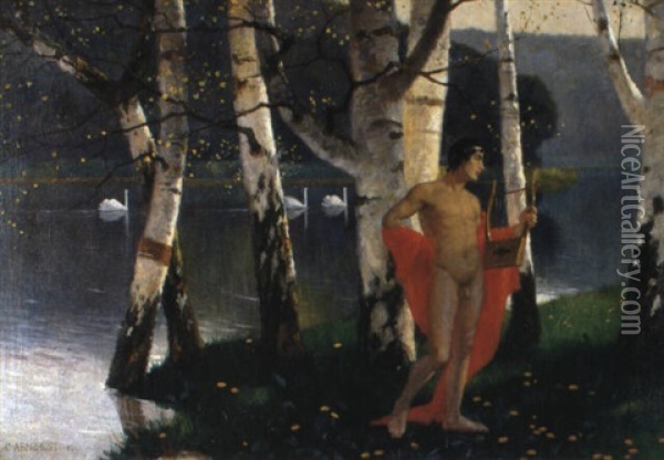 Leierspieler In Birkenwald An Einem Fluss Oil Painting - Karl Armbrust