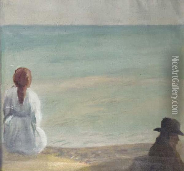 Figures On A Beach At Seaford Oil Painting - Hilda Carline