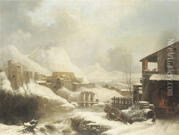 A Frozen, Mountainous Winter Landscape, With A Forge In The Foreground Oil Painting - Jules Cesar Denis van Loo
