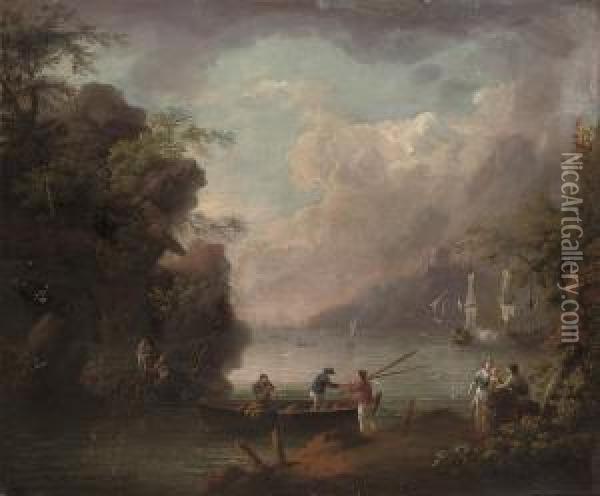 A Mediterranean Coastal Landscape With Fishermen In The Foreground Oil Painting - John Milton