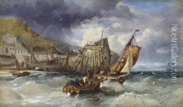 Fishing Boats In A Heavy Swell Off A Jetty Oil Painting - James Webb