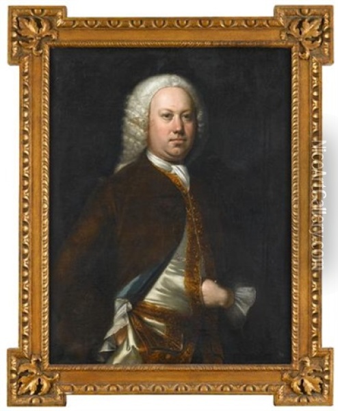 Portrait Of A Gentleman, Three-quarter Length In A Brown Velvet Coat And Gold Trim Waistcoat Oil Painting - Thomas Hudson