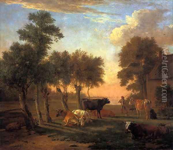 Cows in a Meadow by a Farm Oil Painting - Paulus Potter