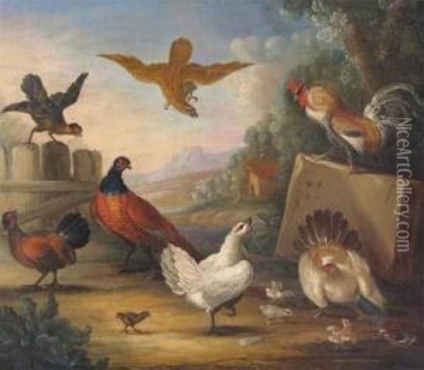 Fowl Being Attacked By A Bird Of Prey In A Landscape Oil Painting - Marmaduke Cradock