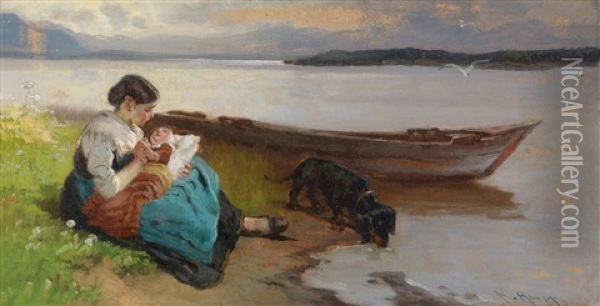 Mutter Mit Kind Am Ufer Des Sees Oil Painting - Karl Raupp