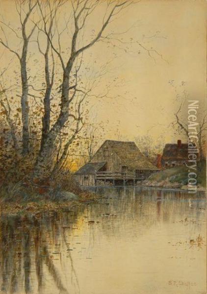 Landscape With House And Barn On A Pond Oil Painting - Samuel R. Chaffee