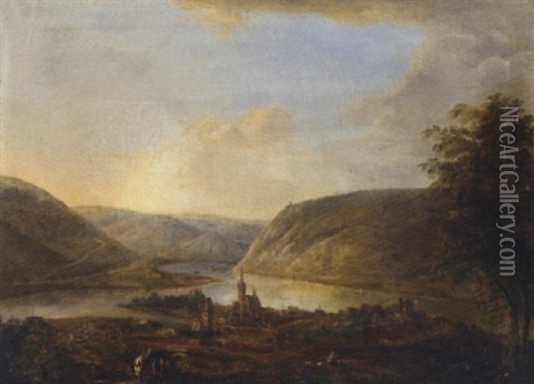 A Rhenish Landscape With Travellers On A Mountain Path Oil Painting - Georg Schneider