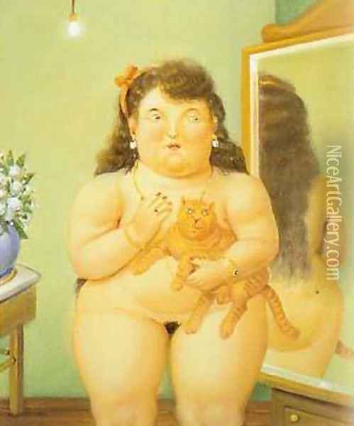 Woman with a Cat 1995 Oil Painting - Fernando Botero