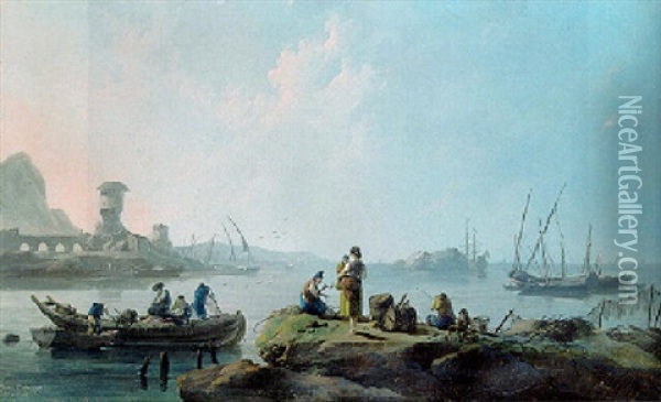 A View Of The River Tagus With Fishermen Pulling In Their Nets Oil Painting - Jean Baptiste Pillement