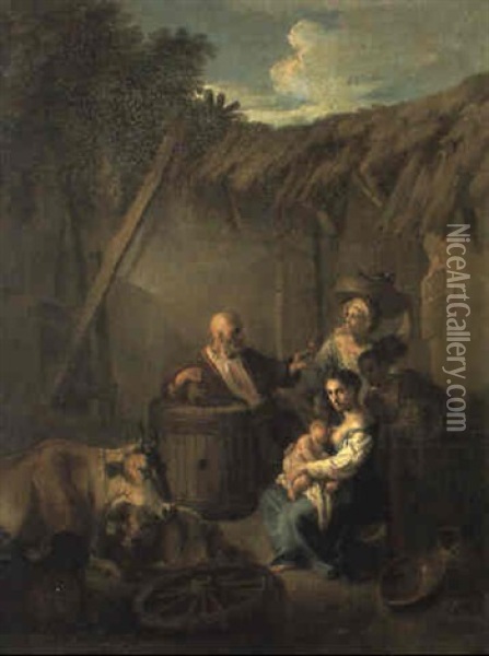 Nursing Mother, Her Companions And Livestock Resting In A Courtyard Oil Painting - Andrea Locatelli