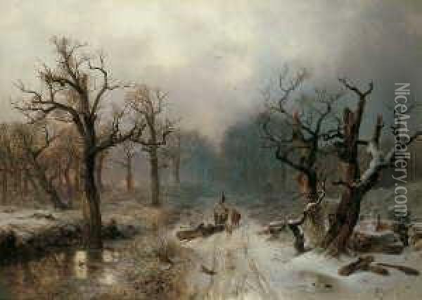 Holzfaller Im Winterwald Bei Sonnenuntergang. Oil Painting - Carl Hilgers