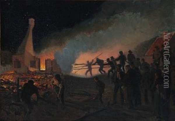 Fire In Skagen At Night Oil Painting - Viggo Johansen