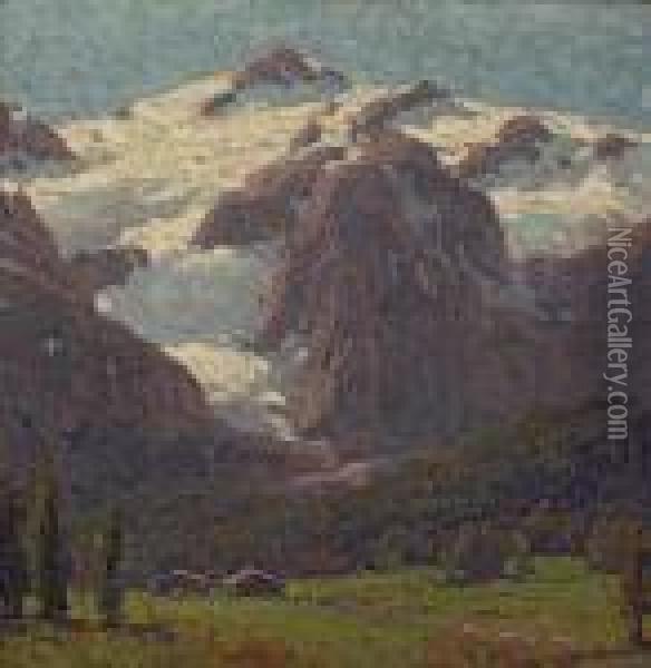 Cabins Beneath An Alpine Glacier Oil Painting - Edgar Alwin Payne