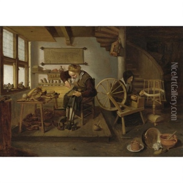 A Cobbler At Work, His Wife Spinning Wool Oil Painting - Quiringh Gerritsz van Brekelenkam