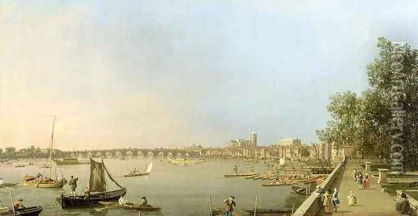 The Thames from the Terrace of Somerset House, looking upstream Towards Westminster and Whitehall, c.1750 Oil Painting - (Giovanni Antonio Canal) Canaletto