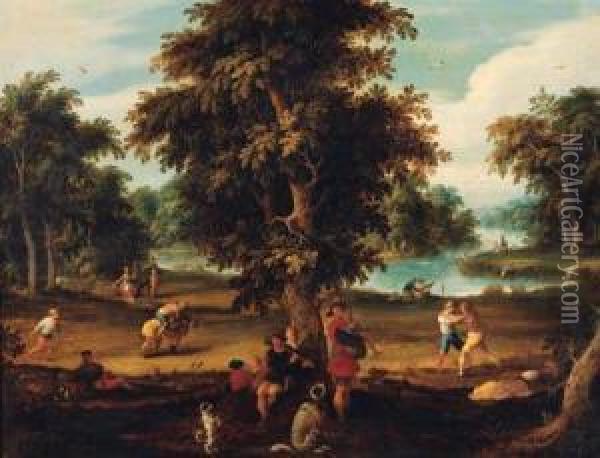 Peasants Making Music And Disporting In A Wooded Riverlandscape Oil Painting - Abraham Govaerts