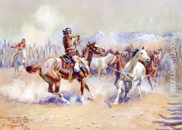 Navajo Wild Horse Hunters Oil Painting - Charles Marion Russell