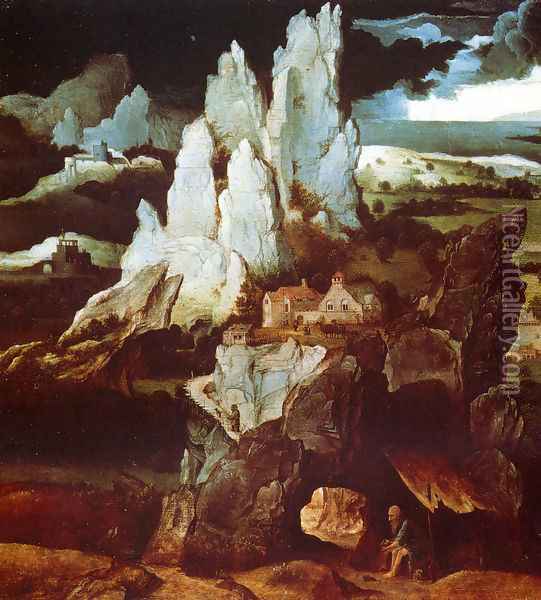 St Jerome in Rocky Landscape c. 1520 Oil Painting - Joachim Patenier (Patinir)