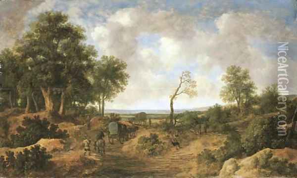 A wooded landscape with travellers in wagons on a road Oil Painting - Pieter Molijn