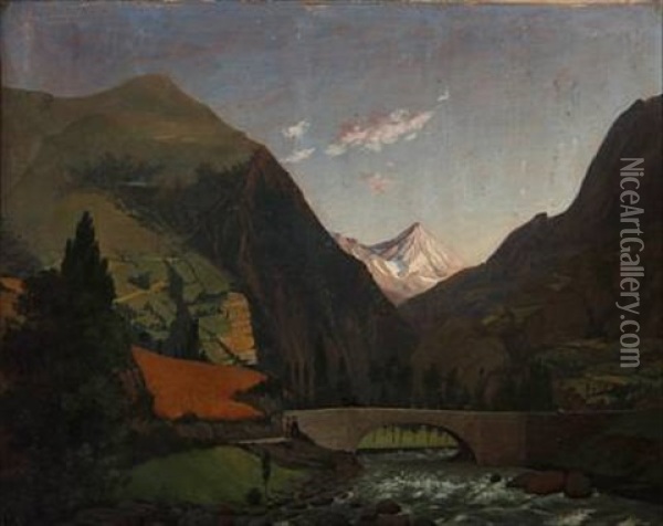 Scene From The Lyz Valley In The Pyrenees With The Spa St. Saveur Oil Painting - Otto Didrik Ottesen