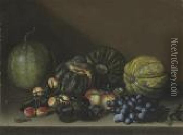 Melons, Apricots, Grapes And Apples On A Stone Ledge Oil Painting - Michelangelo Merisi Da Caravaggio