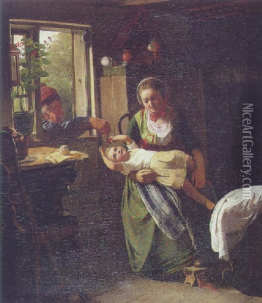 Interior Med Mor Og Barn, Der Far Besog Af Bedstefar Oil Painting - Johann Julius Exner