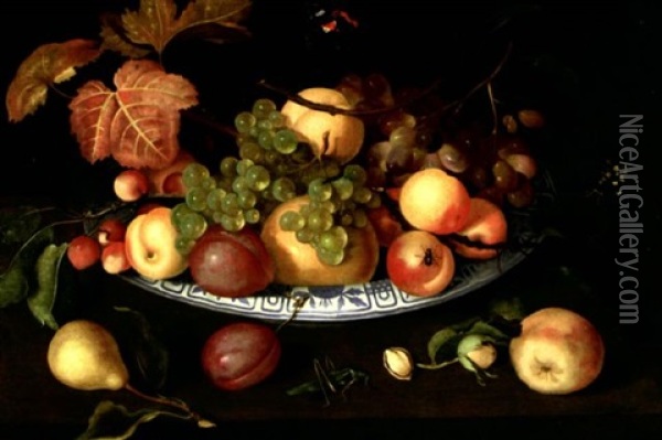Nature Morte De Fruits Dans Un Bol De Porcelaine Pose Sur Un Entablement Avec Sauterelle, Papillons Et Insectes Oil Painting - Johannes Bosschaert